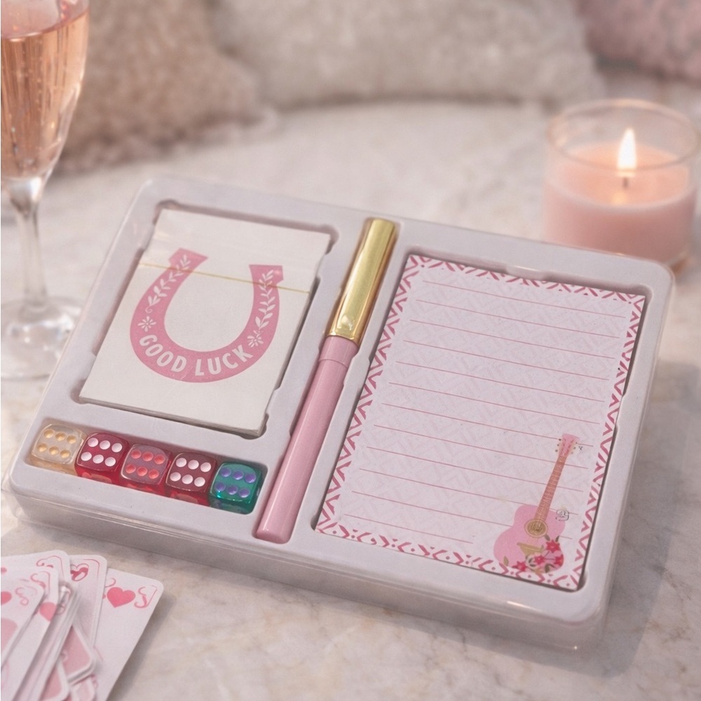 💕 Pink Girls Night Game Set with Cards Notepad & Dice Set  Girly Poker Score Pad